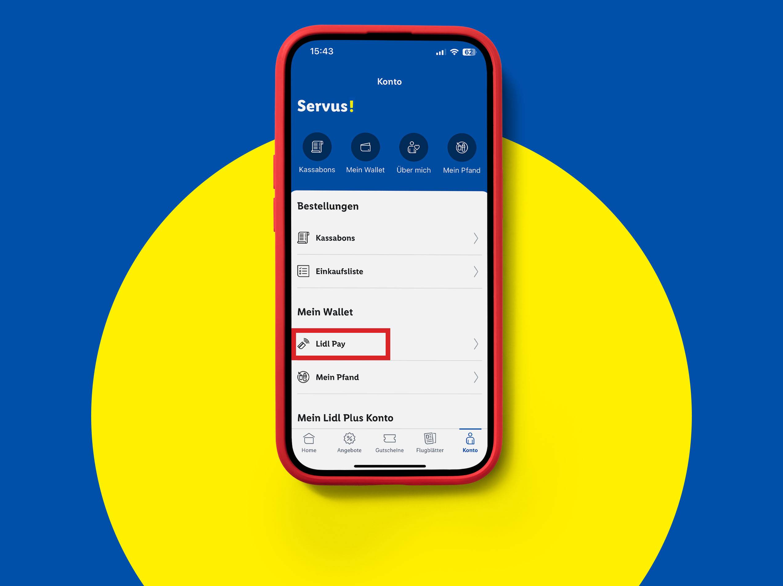 Lidl Plus App auf einem Smartphone, die die Option 'Lidl Pay' hervorhebt.