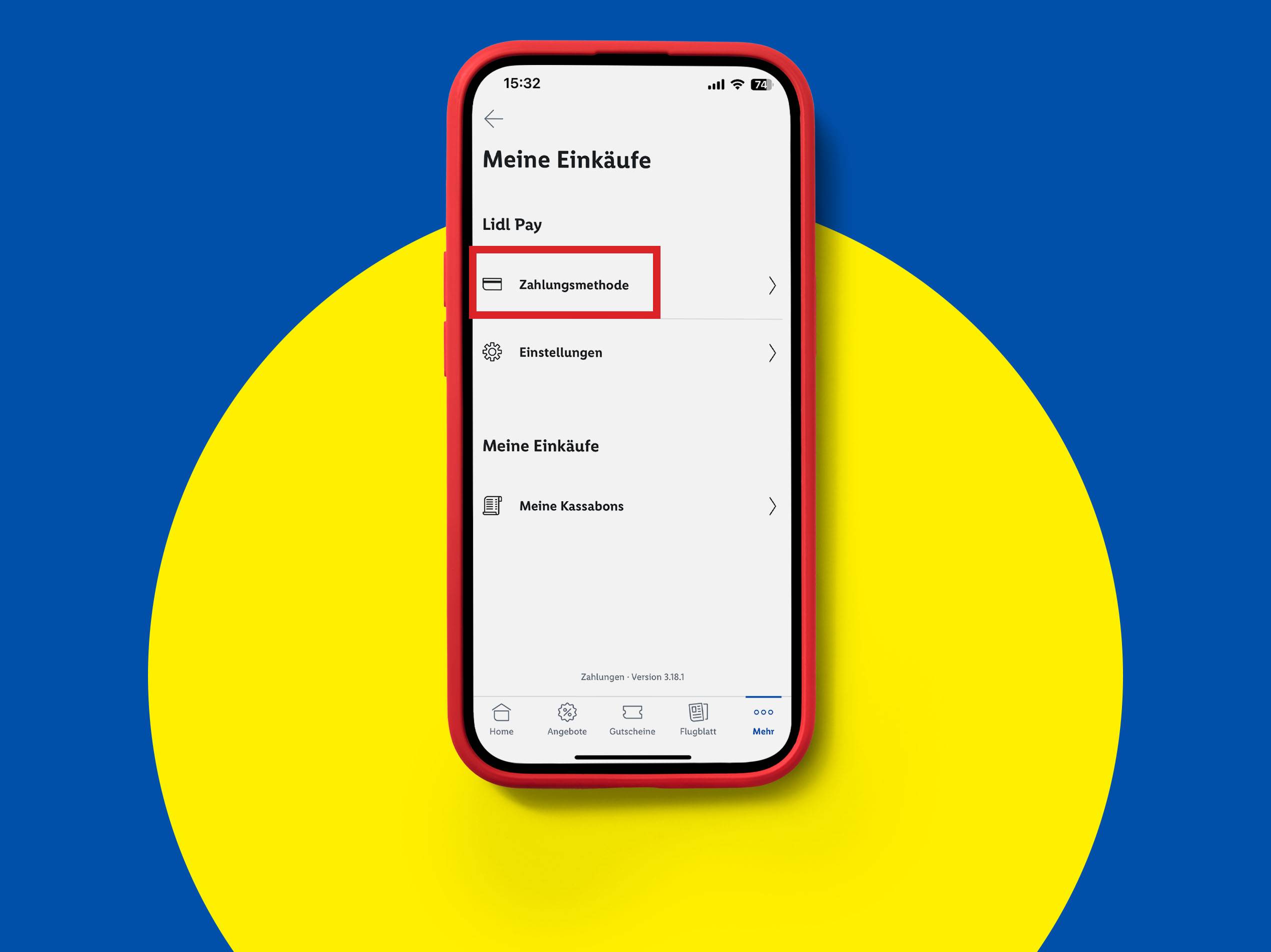 Handyscreen mit den Einstellungen um in Lidl Plus eine Zahlungsmethode zu hinterlegen