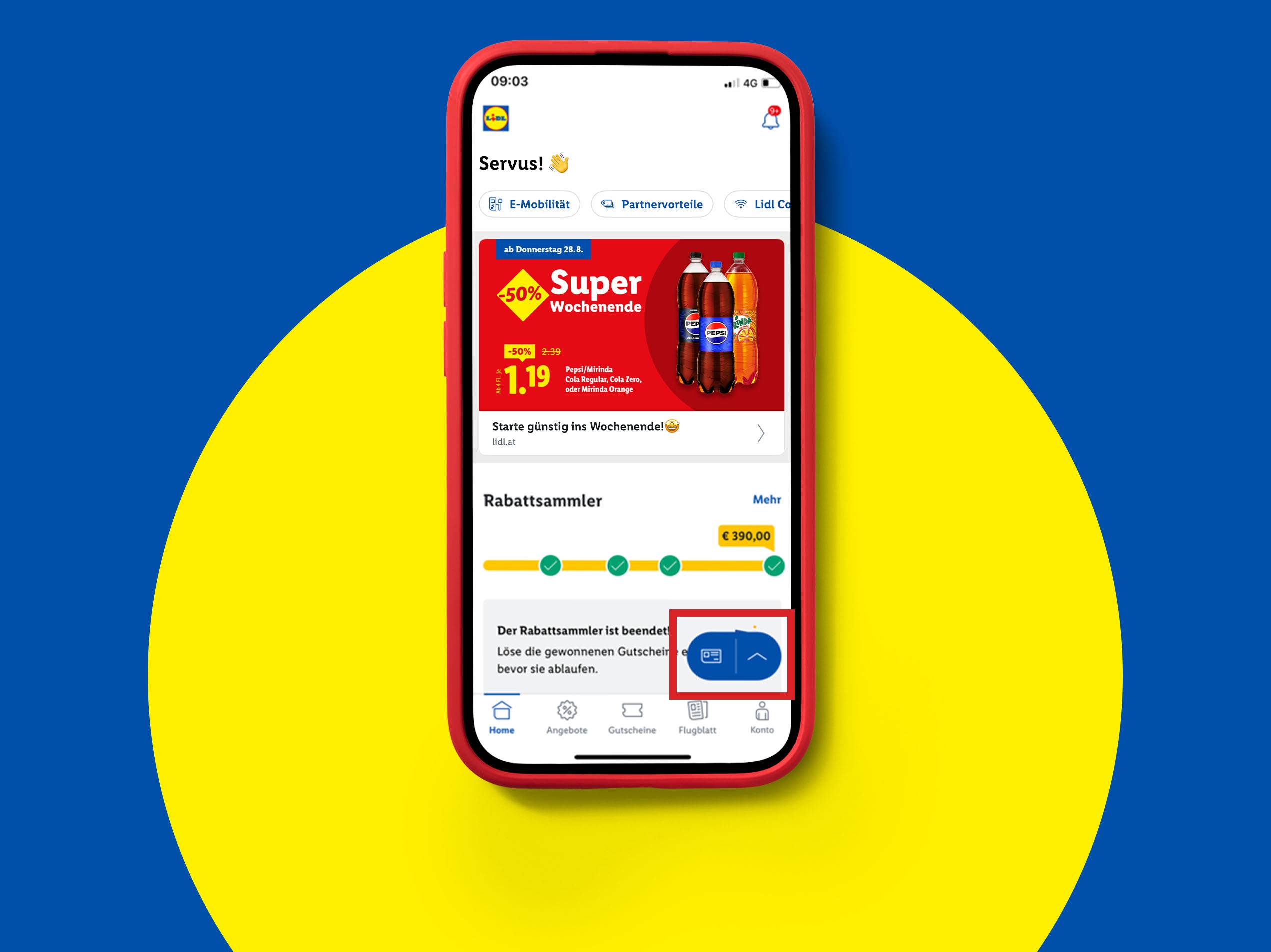 Lidl App mit Angeboten für Pepsi, Mirinda und einem Rabattsammler-Gutschein über 390€.