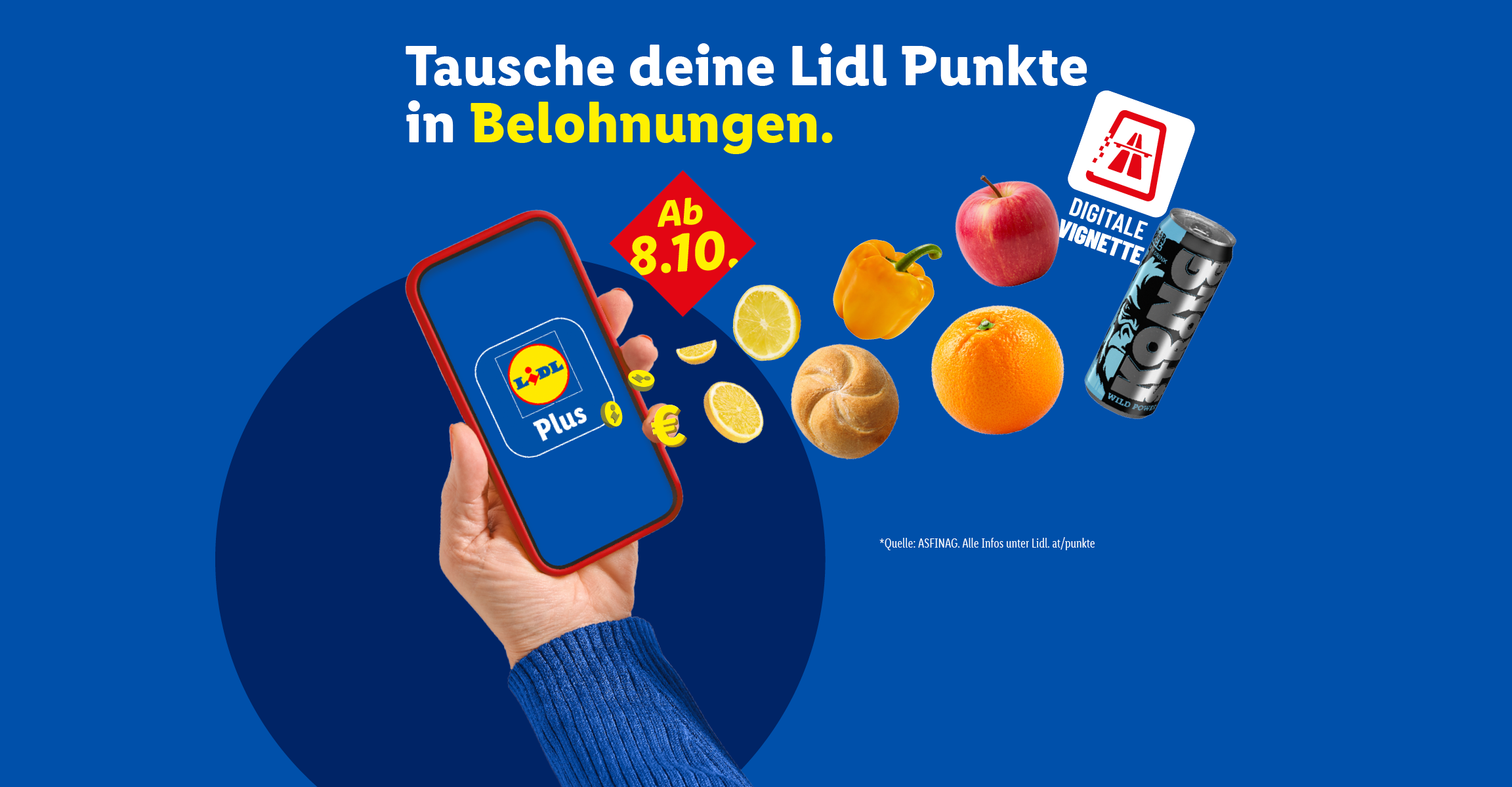 Werbebanner für eine App-Aktion zum Punktetauschen gegen Lebensmittel und eine digitale Vignette ab 8.10.