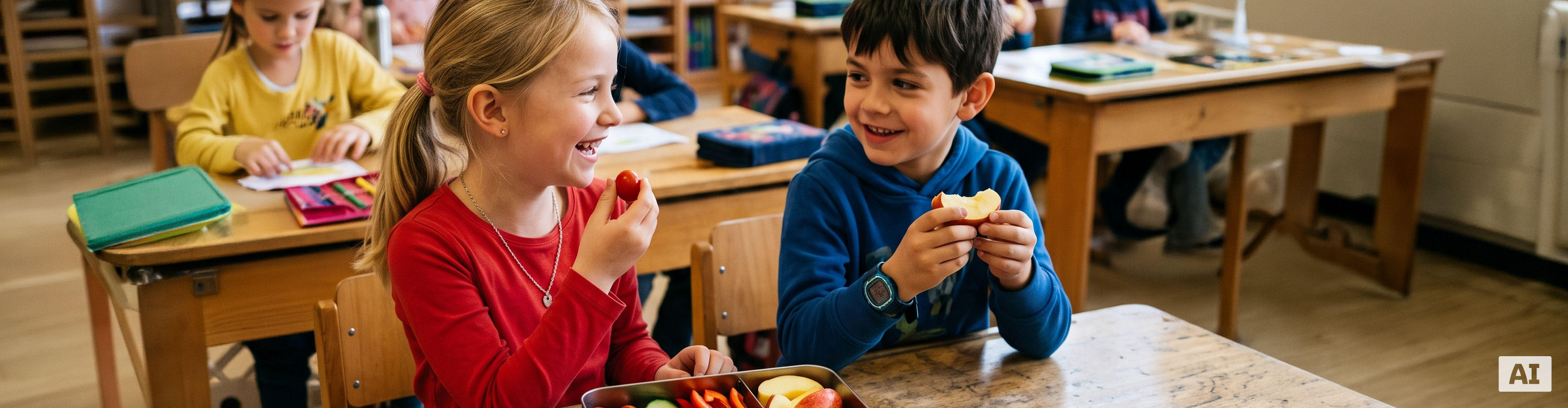 Zwei Kinder essen Obst und Gemüse in der Schule.
