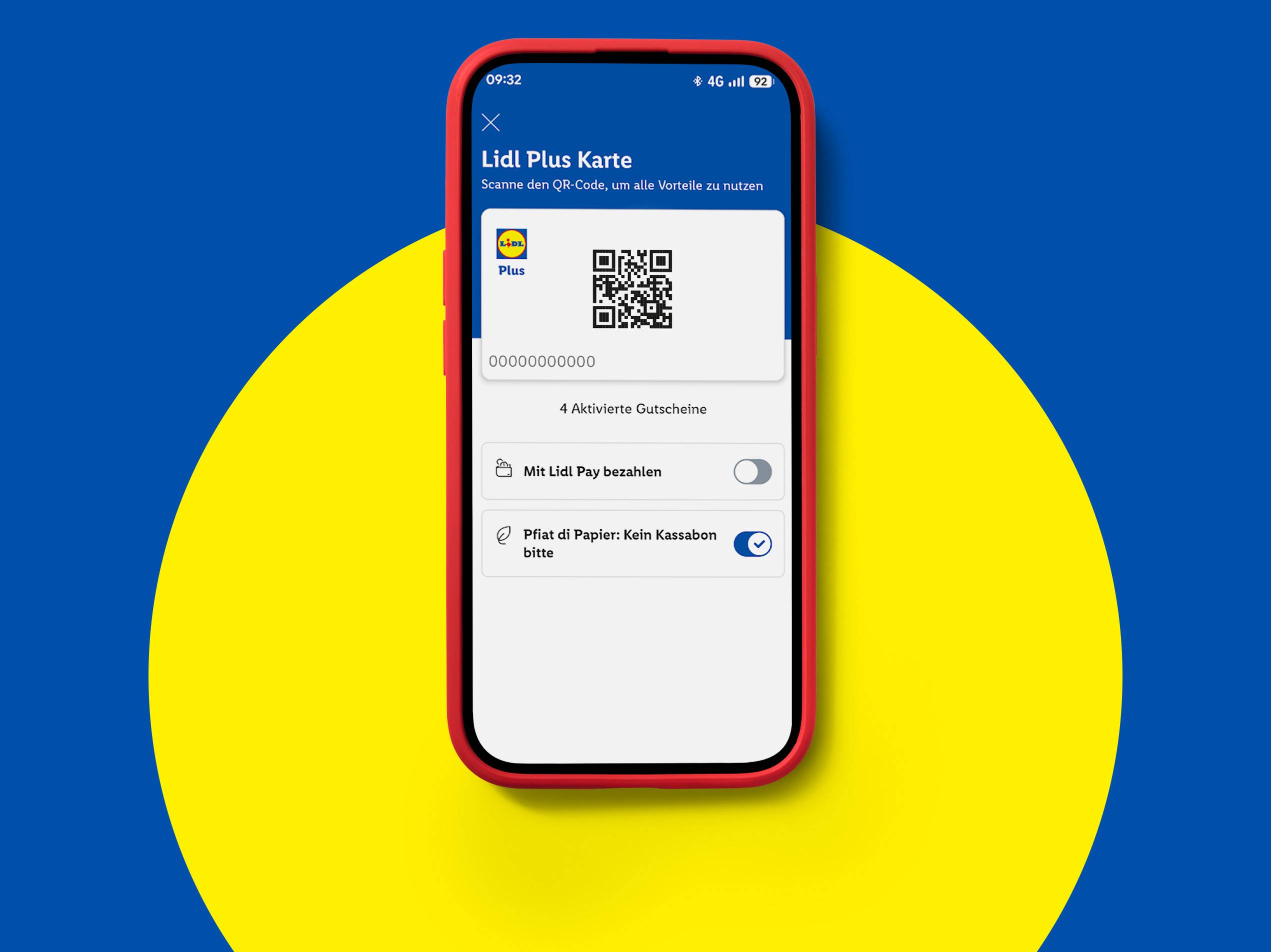 Smartphone mit der Lidl Plus App, die einen QR-Code und Optionen wie „Mit Lidl Pay bezahlen“ anzeigt.