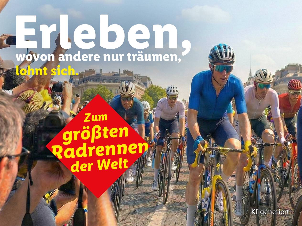 Radfahrer bei einem Rennen, mit Text 'Erleben, wovon andere nur träumen, lohnt sich. Zum größten Radrennen der Welt'