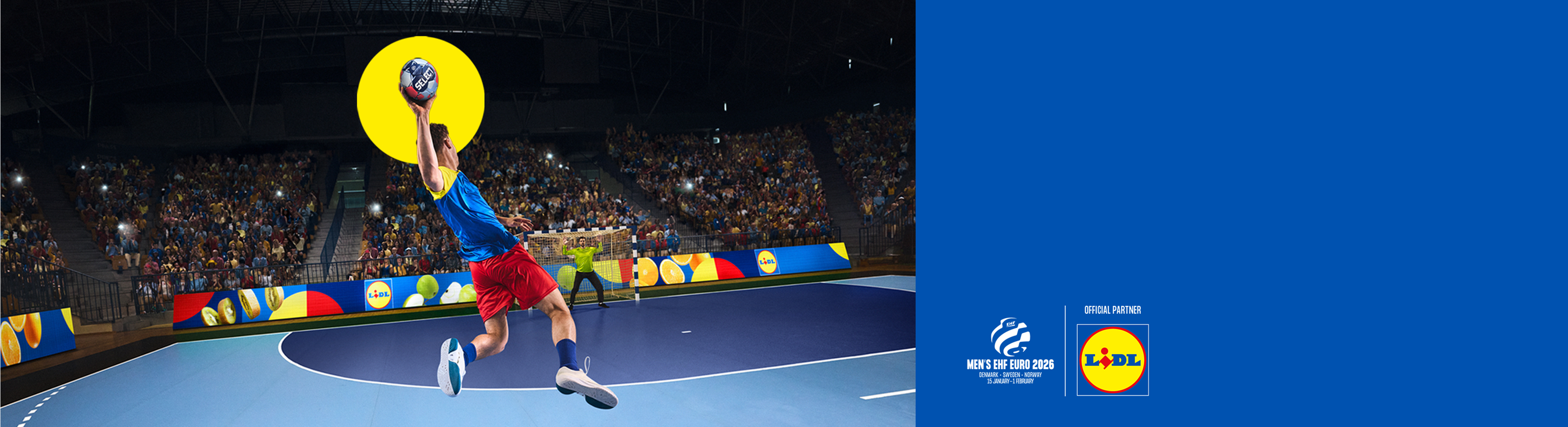 Handballspieler springt mit Ball, Lidl und EHF EURO 2026 Logos.