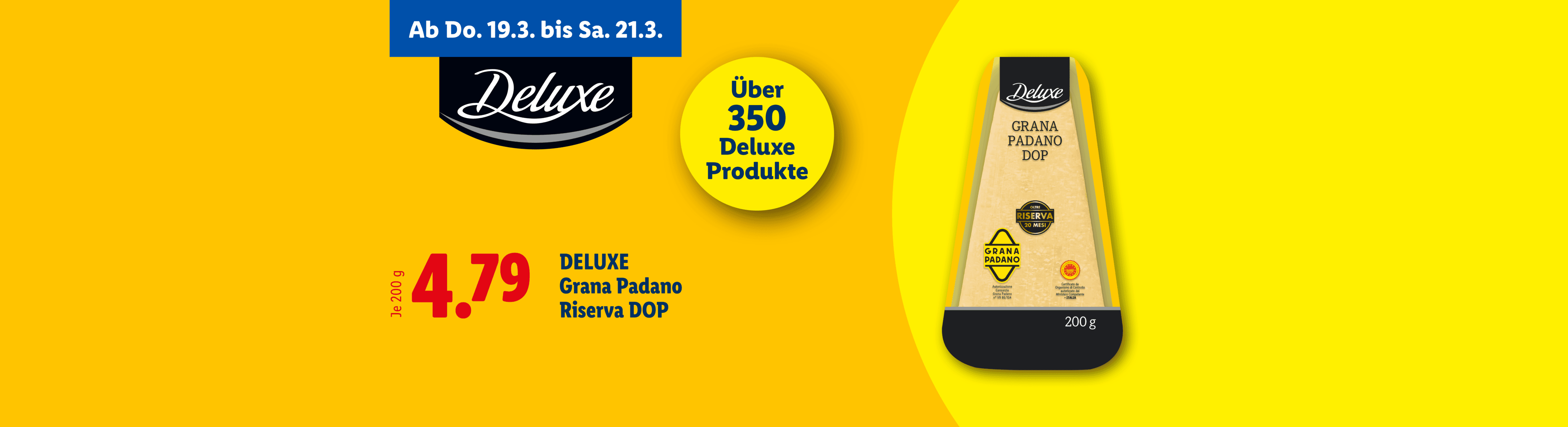 Ein Stück Grana Padano Riserva Käse mit Preis und Aktionshinweis auf gelbem Hintergrund.