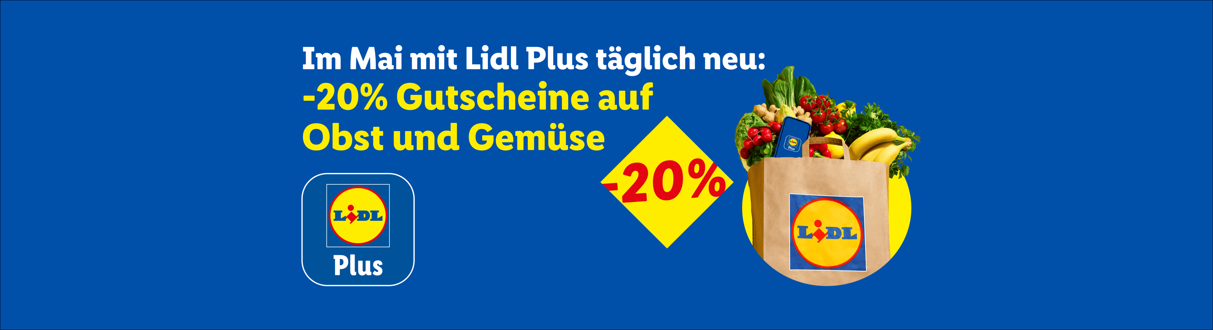 Ein Einkaufskorb voller Obst und Gemüse mit einem 20%-Rabattgutschein für Lidl Plus.
