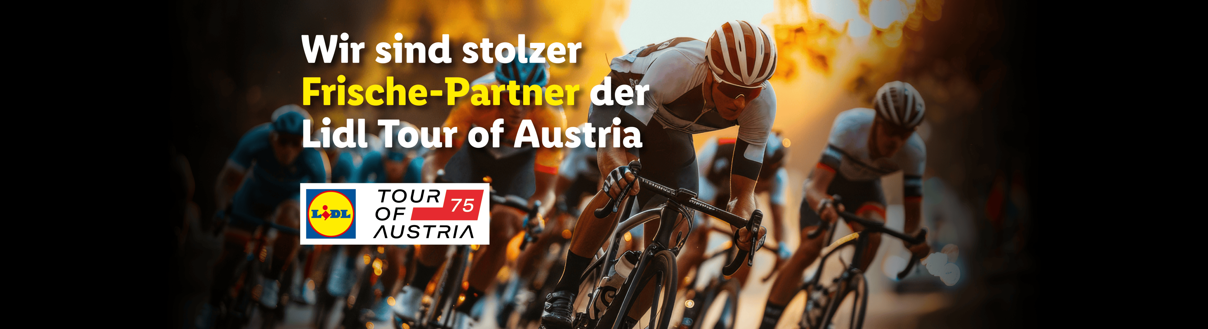 Radfahrer in Aktion, mit Text 'Wir sind stolzer Frische-Partner der Tour of Austria'.