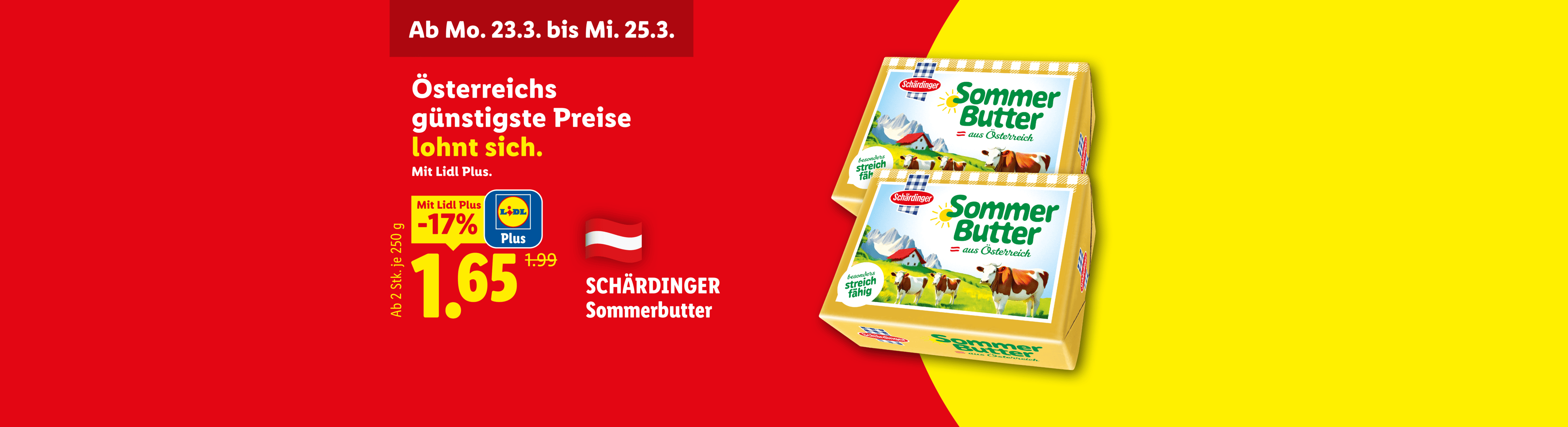 Werbebanner für Sommerbutter aus Österreich, mit 17% Rabatt und Lidl Plus Preis von 1,65 €.