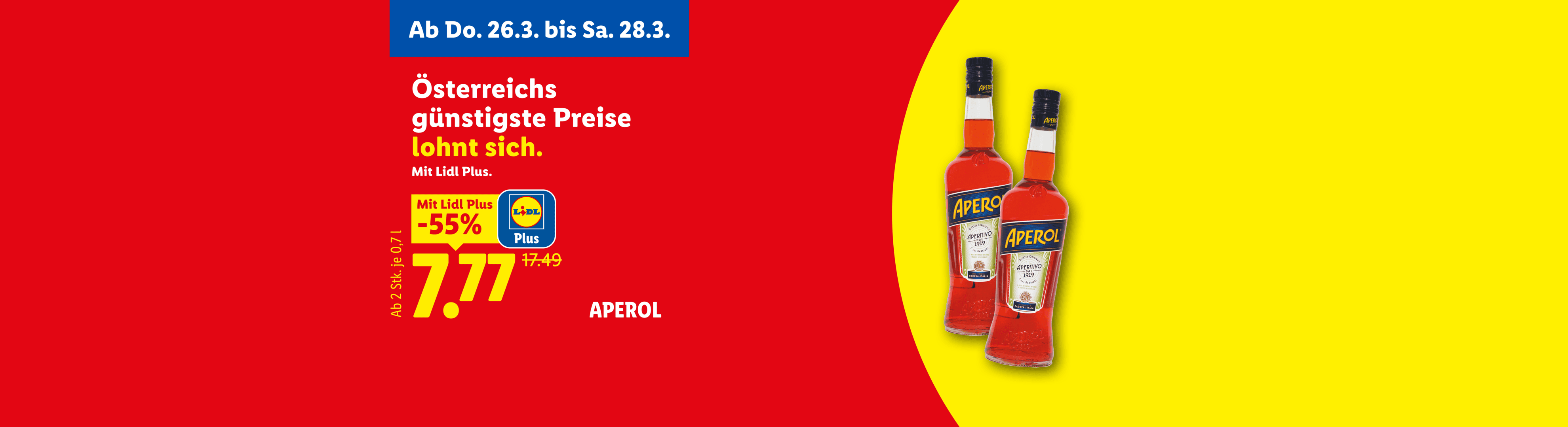 Werbebanner für Aperitif-Flaschen mit 55% Rabatt für Lidl Plus Kunden, gültig vom 26. bis 28. März.