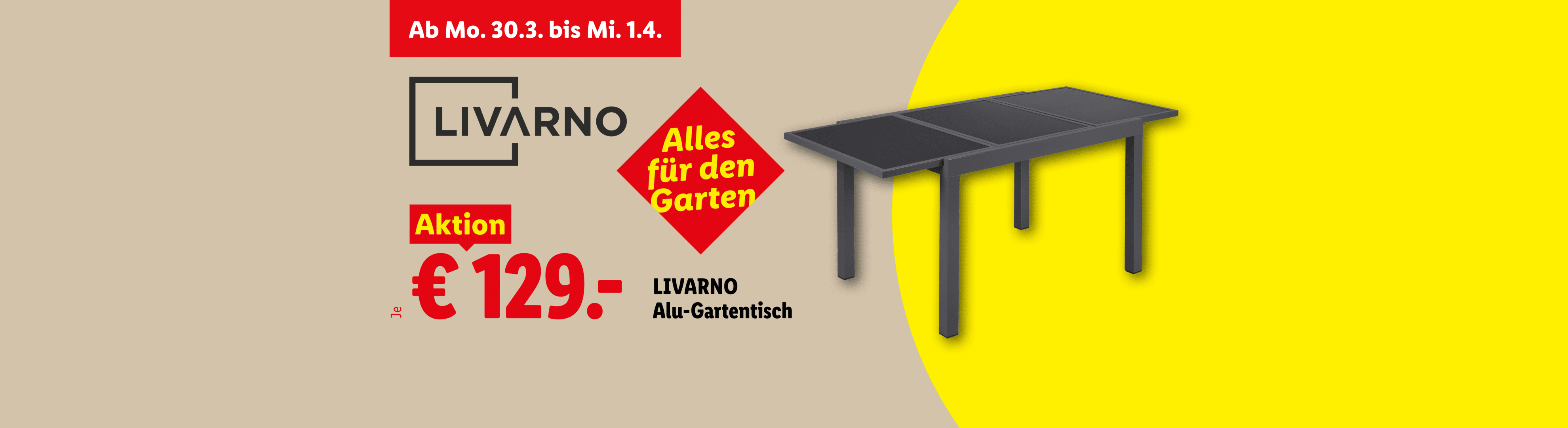 Ein ausziehbarer Gartentisch aus Aluminium, beworben als Aktion für 129 €.