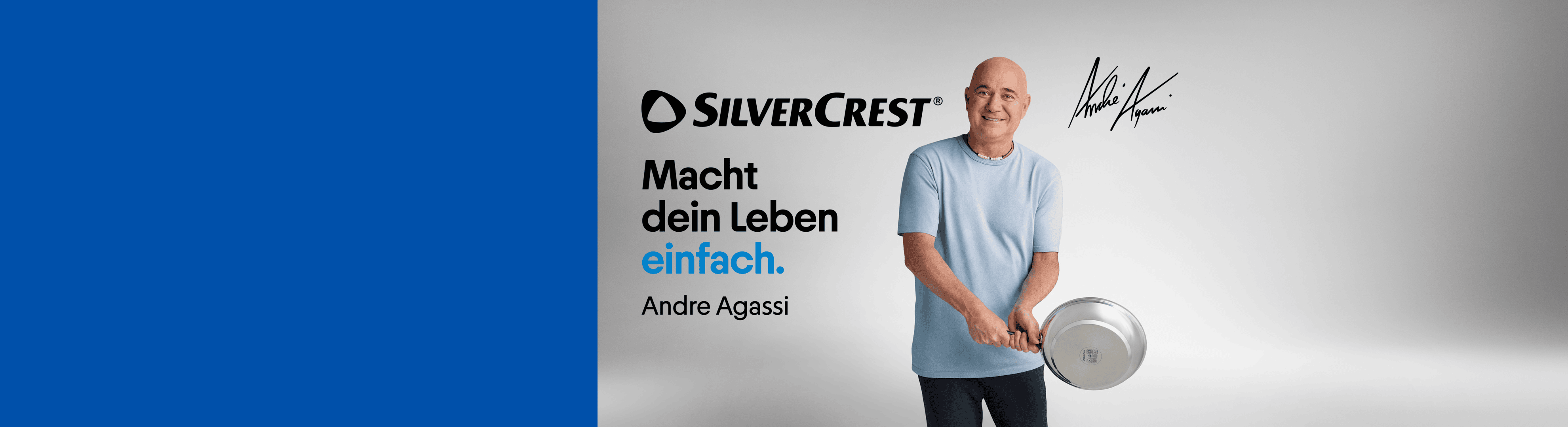 Ein Mann hält eine Pfanne, daneben steht der Text: 'Macht dein Leben einfach. Andre Agassi'