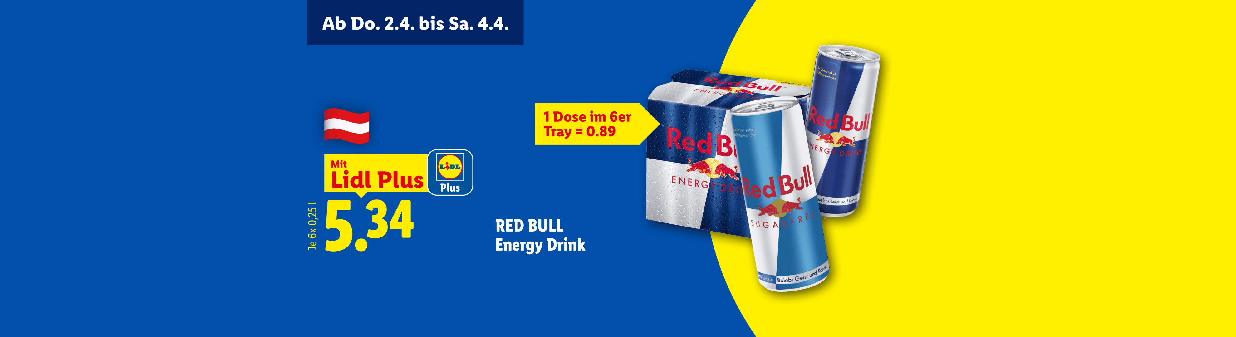 Werbebanner für Energydrinks im 6er-Tray, erhältlich vom 2. bis 4. April mit Lidl Plus.