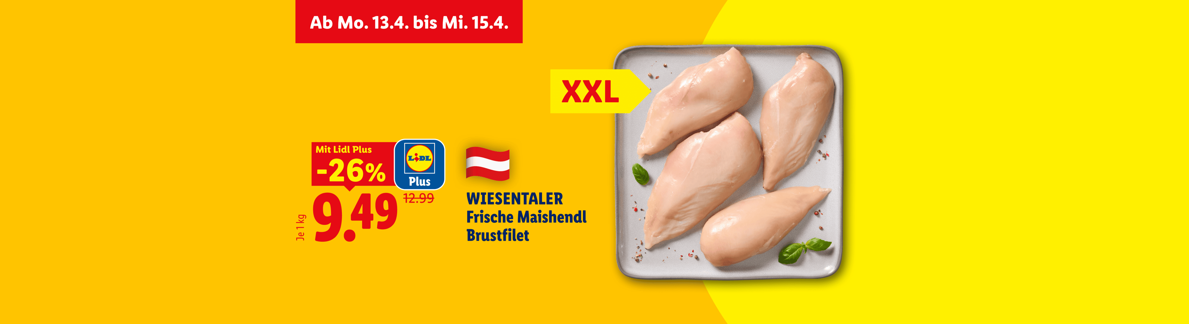 Werbebanner für frisches Hähnchenbrustfilet mit 26% Rabatt, gültig vom 13. bis 15. April.