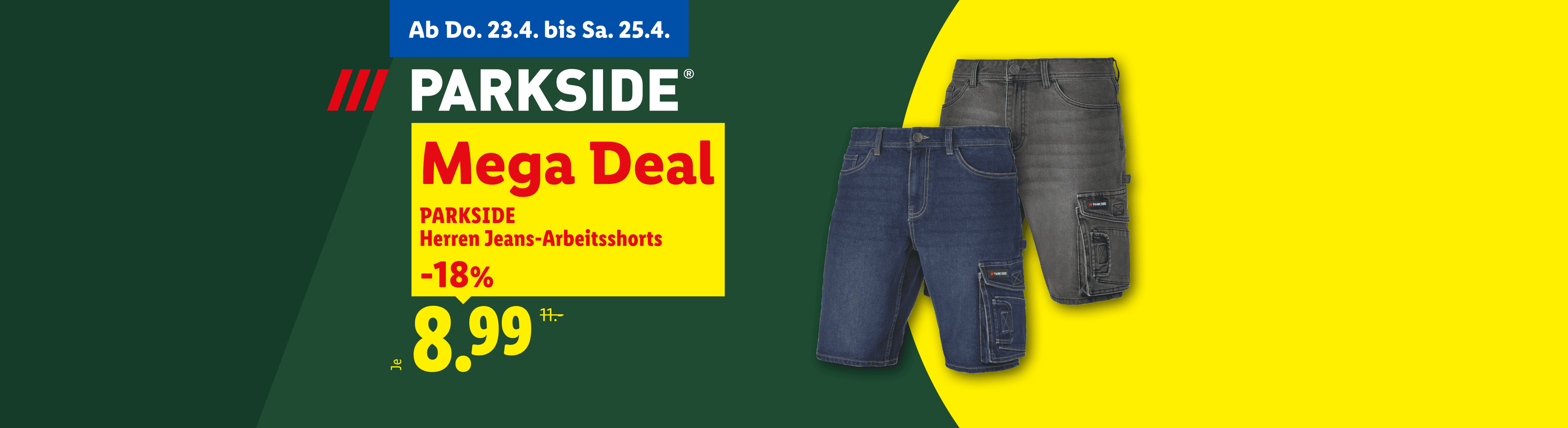 Mega Deal für Herren Jeans-Arbeitsshorts in Blau und Grau, ab Donnerstag, 23.4. bis Samstag, 25.4. für 8,99€.