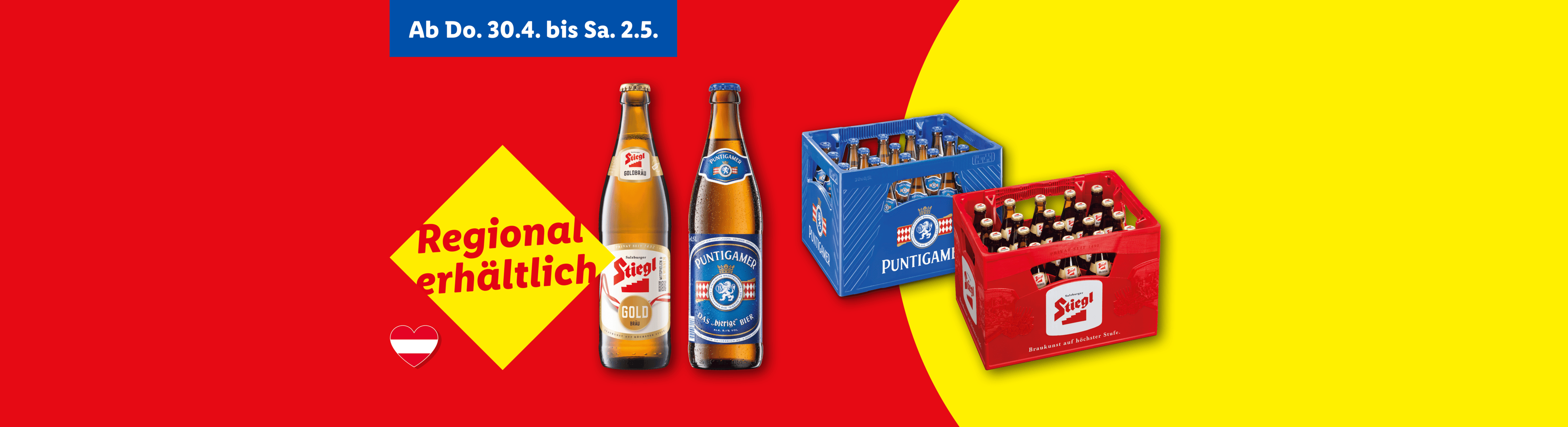 Zwei Bierflaschen und zwei Bierkästen auf rotem und gelbem Hintergrund mit der Aufschrift 'Regional erhältlich'.