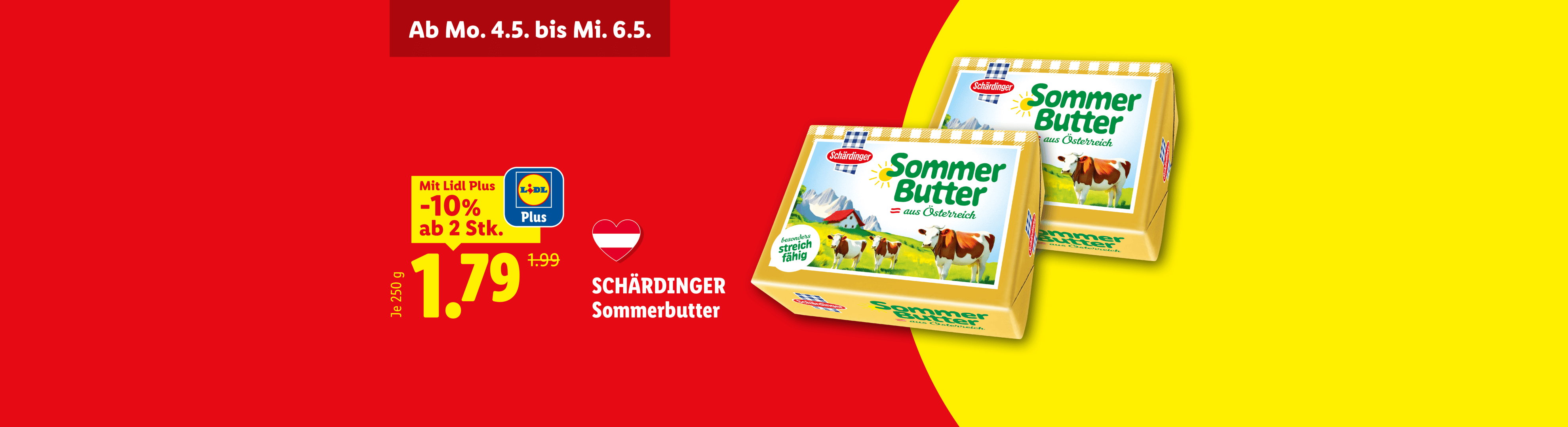 Werbebanner für Sommerbutter mit Preisnachlass bei Kauf von zwei Stück, gültig vom 4. bis 6. Mai.