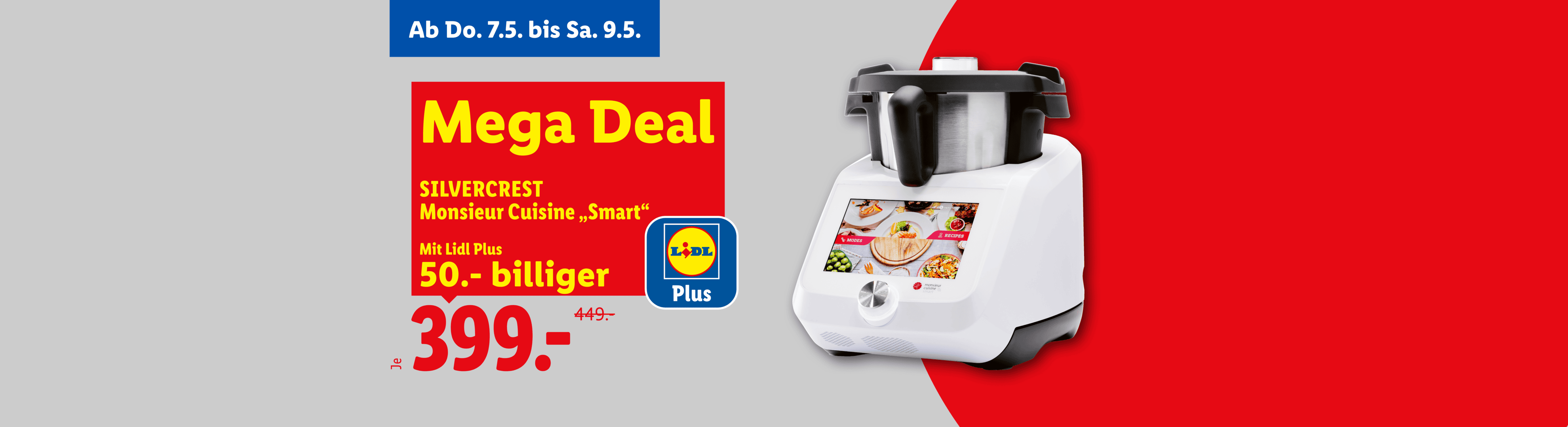 Ein Küchengerät mit Touchscreen, beworben als „Mega Deal“ für 399,- statt 449,- Euro, gültig vom 7. bis 9. Mai.