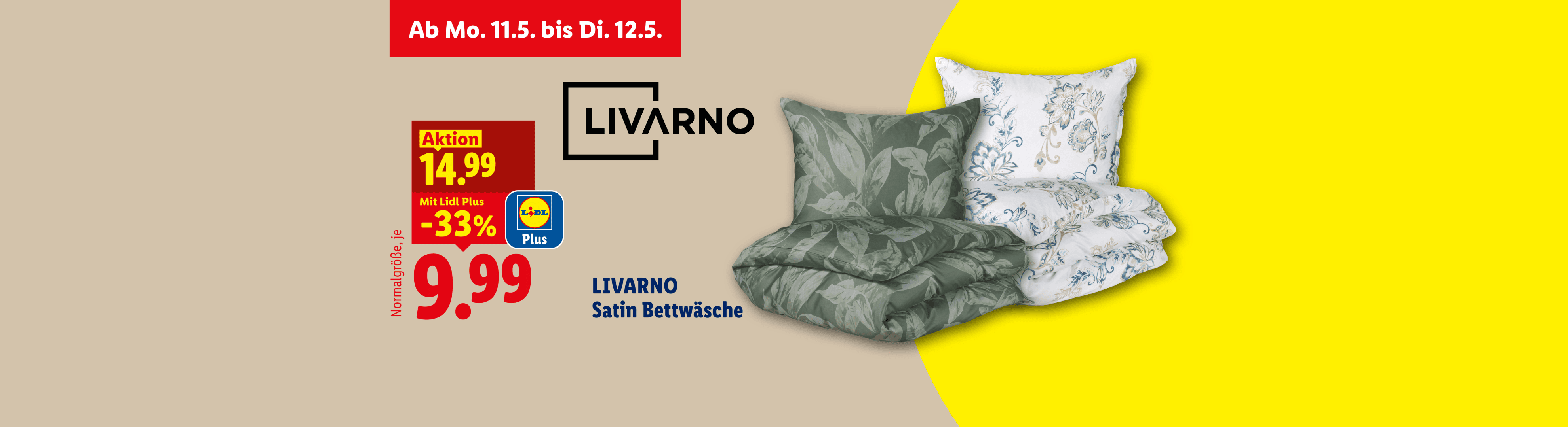 Satin-Bettwäsche in Grün und Weiß mit Blumenmuster, ab 11.5. für 9.99€ mit Lidl Plus.