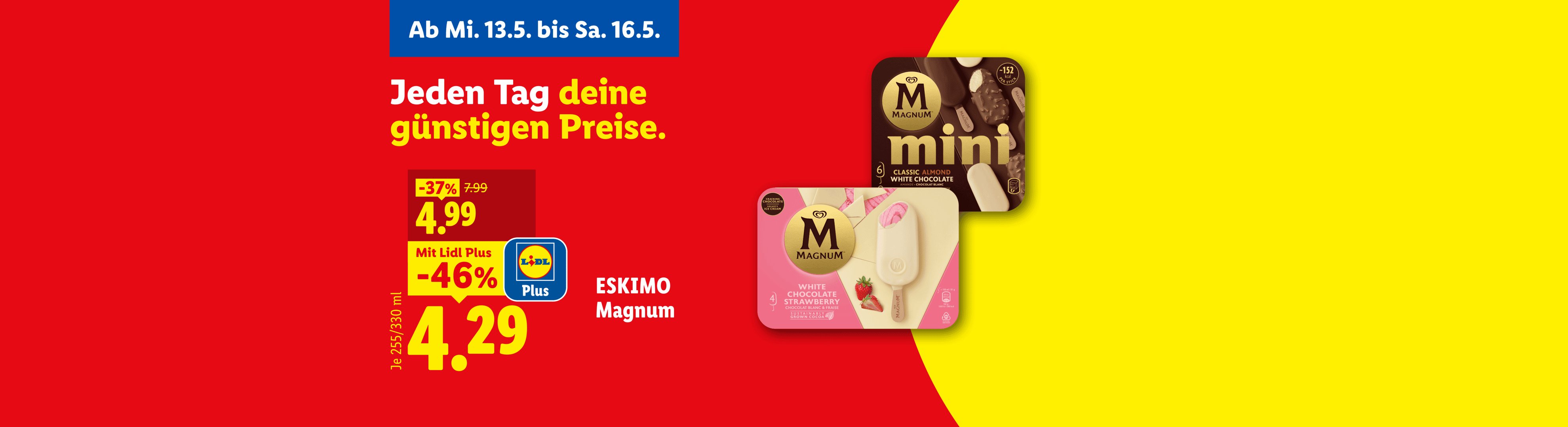 Werbebanner für Eisriegel mit Rabatten, gültig vom 13. bis 16. Mai.