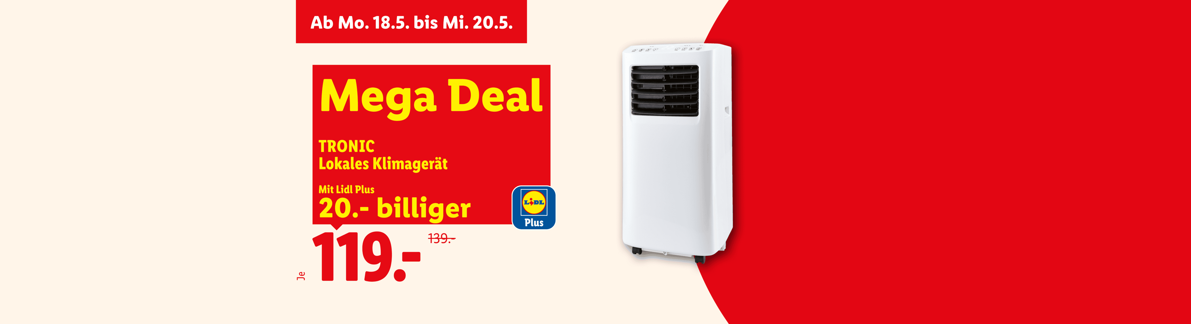 Ein weißes mobiles Klimagerät mit einem roten Preisschild, das einen Mega Deal und einen reduzierten Preis anzeigt.