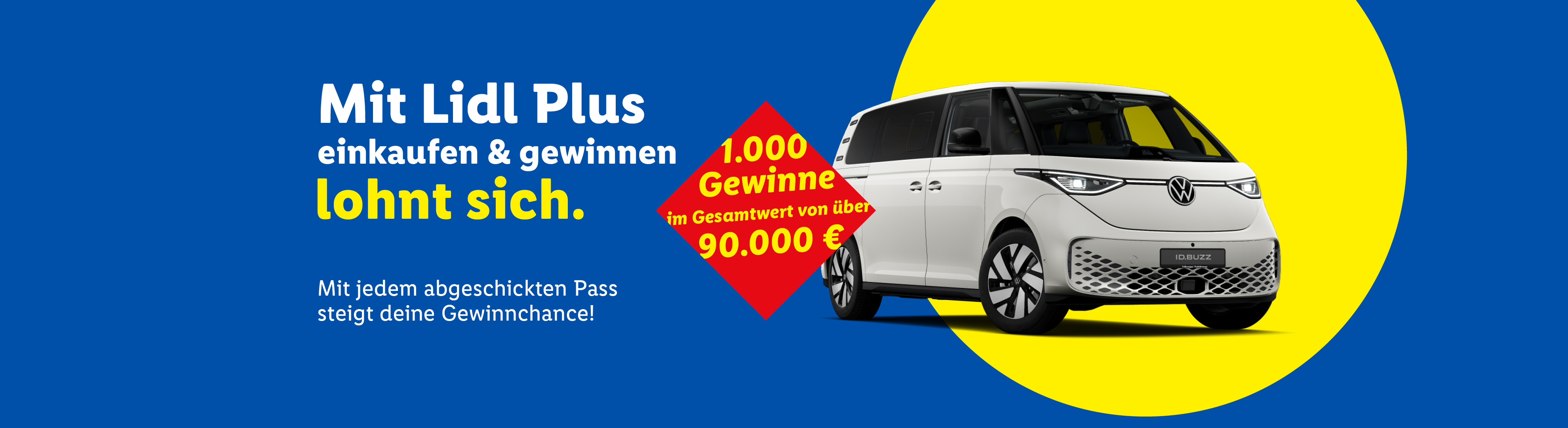 Lidl Plus Gewinnspiel: Einkaufen & gewinnen, mit über 1.000 Preisen im Wert von 90.000 €, darunter ein VW ID. Buzz.
