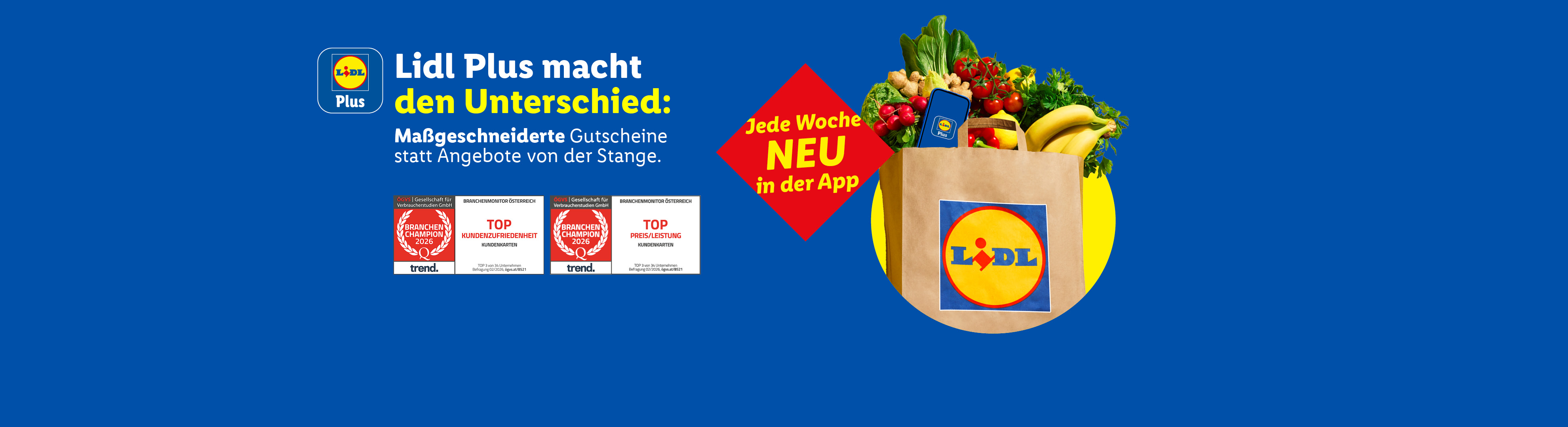 Lidl Plus macht den Unterschied: Maßgeschneiderte Gutscheine statt Angebote von der Stange. Jede Woche NEU in der App. Eine Einkaufstasche voller frischer Lebensmittel.