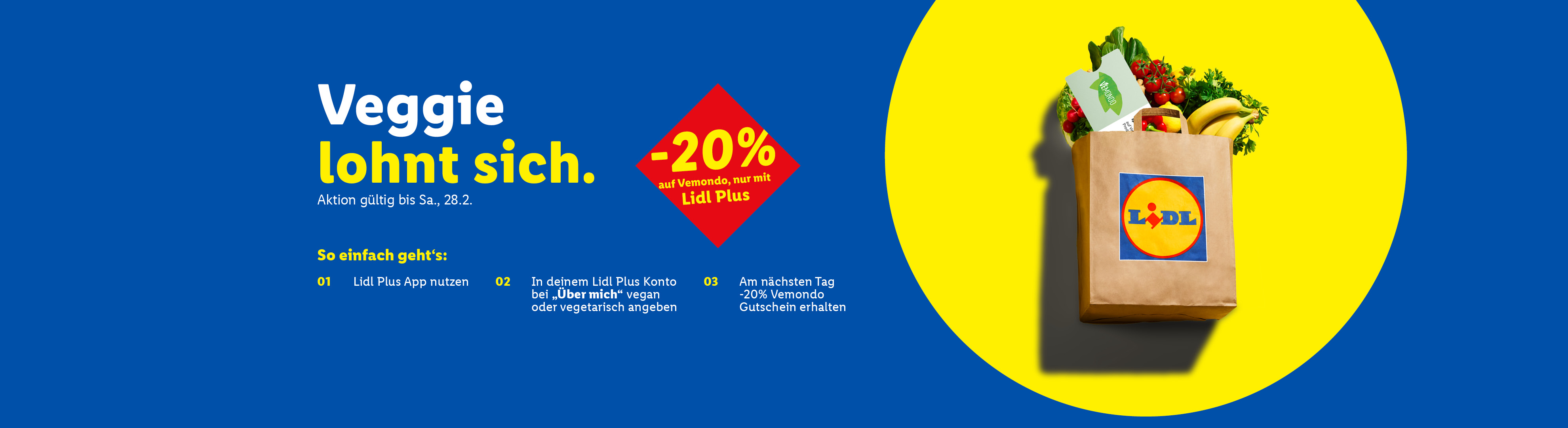 Ein Lidl-Einkaufstasche voller frischem Gemüse und Obst, mit einem 20% Rabatt auf vegane Produkte.