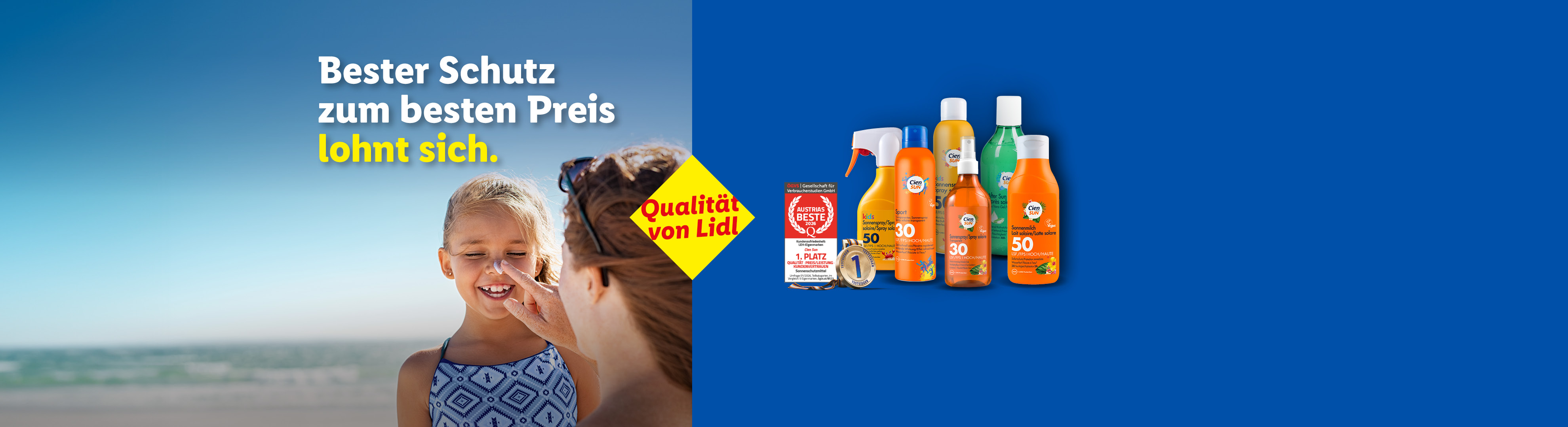 Sonnenschutzprodukte mit dem Slogan 'Bester Schutz zum besten Preis lohnt sich' und 'Qualität von Lidl'.