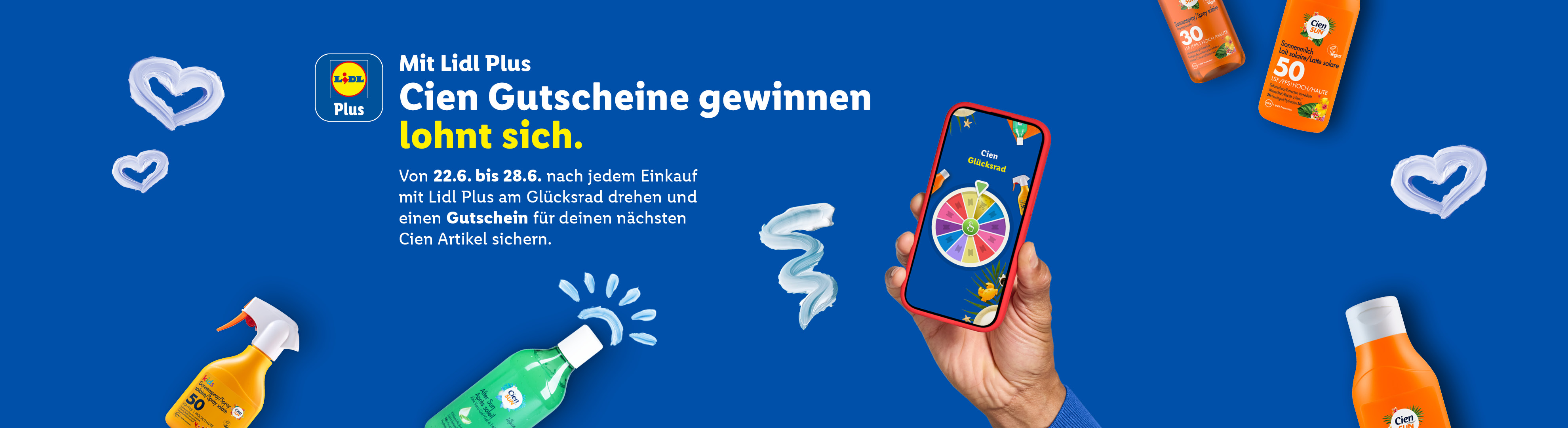 Sonnenschutzprodukte und After Sun mit einem Handy, das ein Glücksrad zeigt, und Text über Gutscheine.