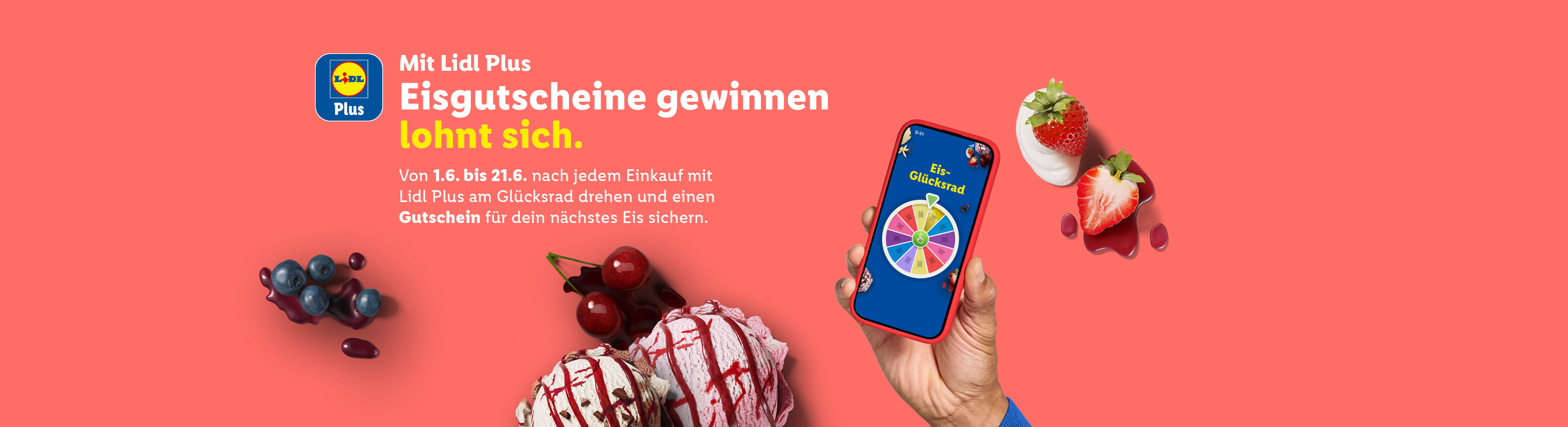 Werbebanner für Eisgutscheine mit Eis, Früchten und einem Smartphone, das ein Glücksrad zeigt.