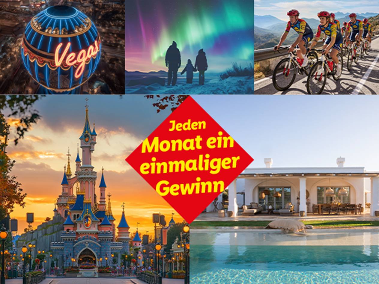 Collage mit Las Vegas, Nordlichtern, Radfahrern, Disneyland, Villa und Text: 'Jeden Monat ein einmaliger Gewinn'.