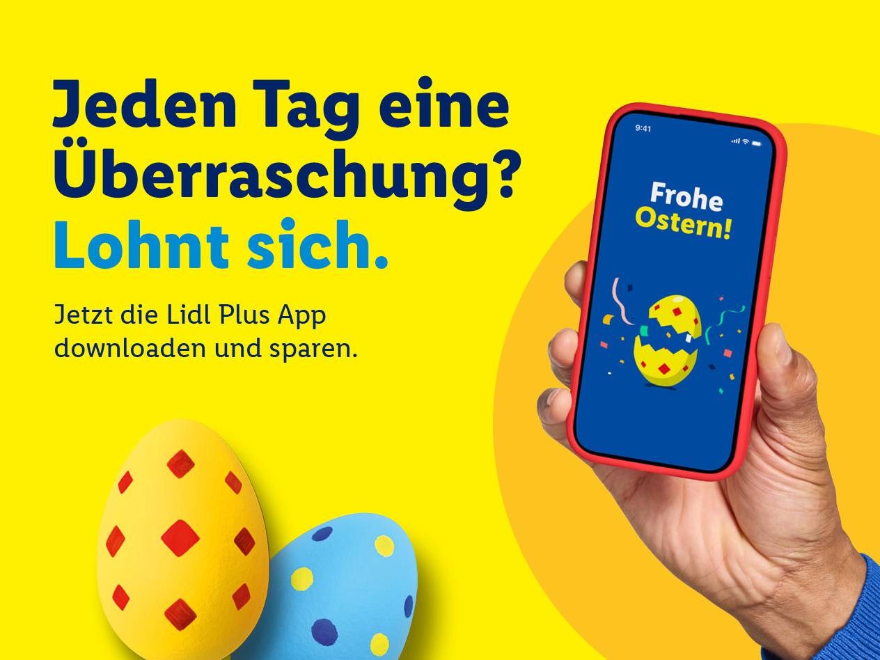 Oster-Werbung mit einem Smartphone, das 'Frohe Ostern!' anzeigt, und dem Text 'Jeden Tag eine Überraschung? Lohnt sich. Jetzt die Plus App downloaden und sparen.'