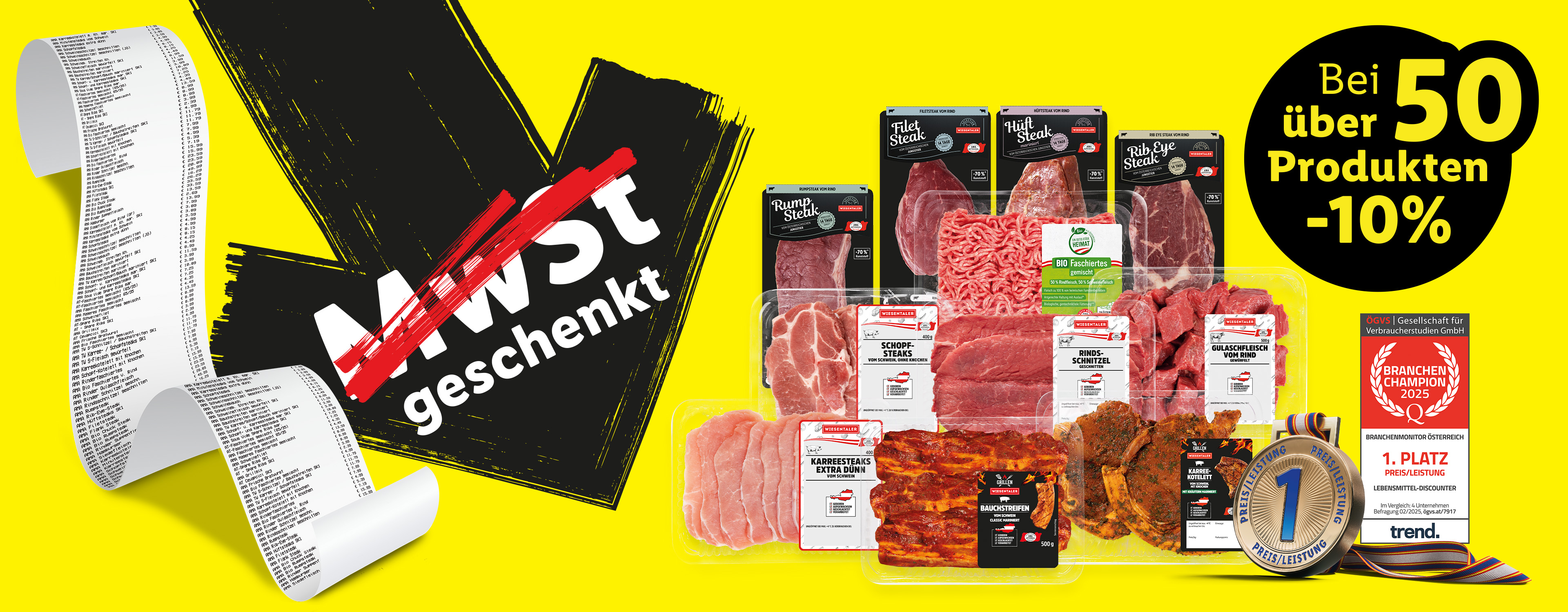 Gelber Hintergrund darauf Produktbühne mit Fleischartikel. Links oben Pfeil mit Text: "MwSt geschenkt" und daneben eine Rechnung. Rechts oben schwarze Bubble mit Text: "Bei über 50 Produkten -10%"