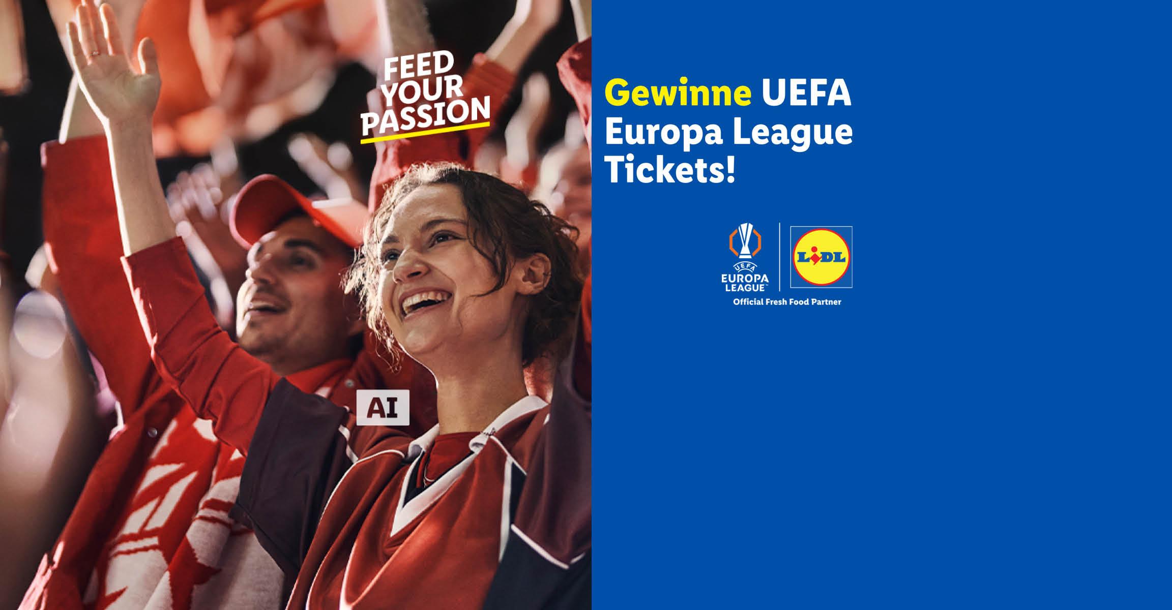Jubelnde Fußballfans im Stadion, mit Text: 'Gewinne UEFA Europa League Tickets!' und 'Feed Your Passion'.