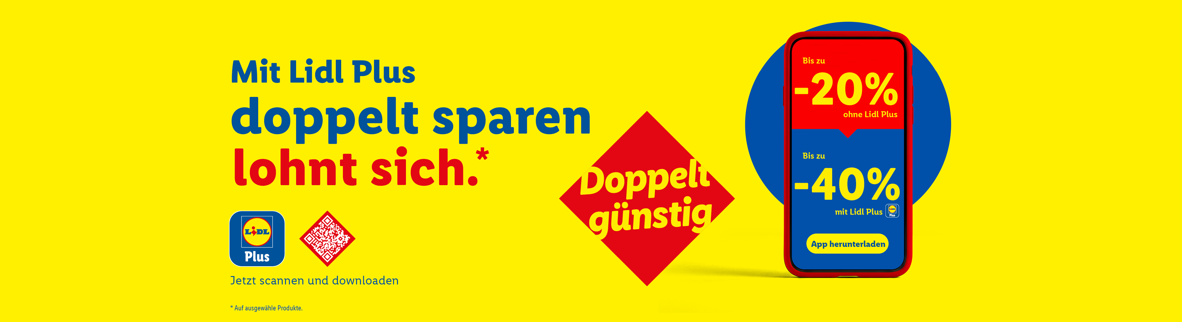 Lidl Plus App-Werbung mit dem Slogan 'Doppelt sparen lohnt sich' und Rabatten von bis zu 40%.