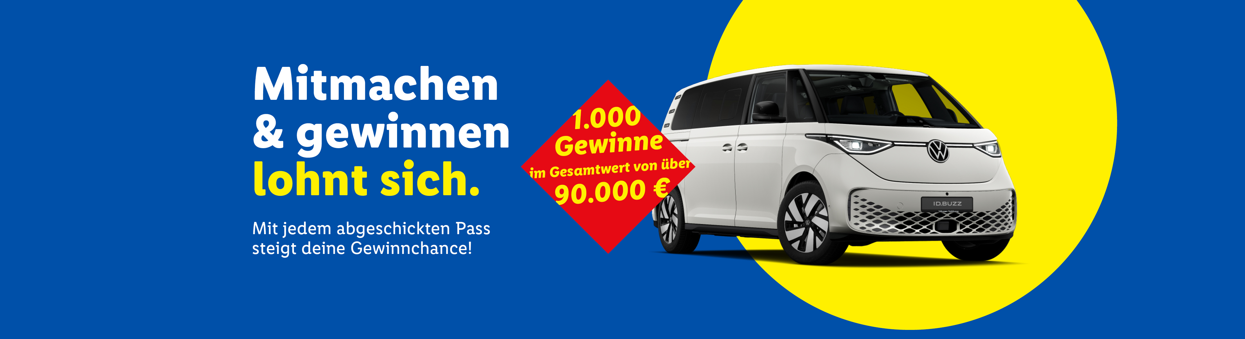 Gewinnspiel mit einem weißen VW ID. Buzz und 1.000 Gewinnen im Wert von über 90.000 €.