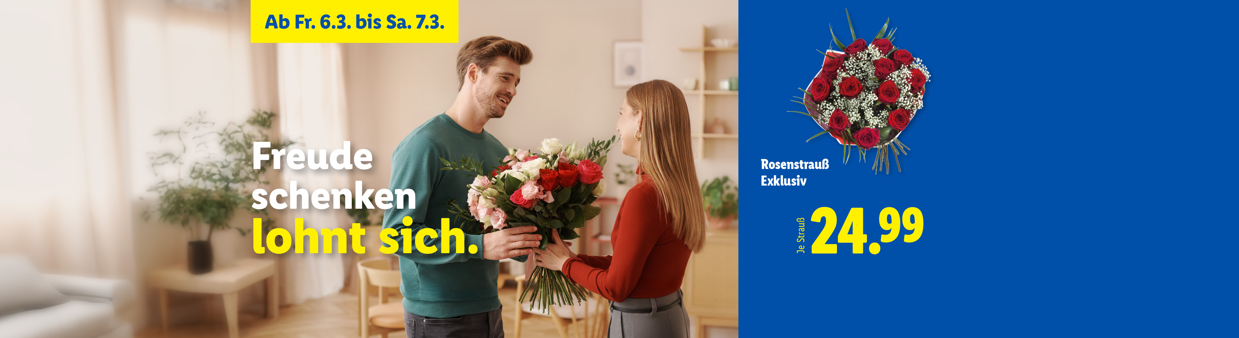 Ein Mann überreicht einer Frau einen Blumenstrauß, daneben ein Rosenstrauß für 24.99€.