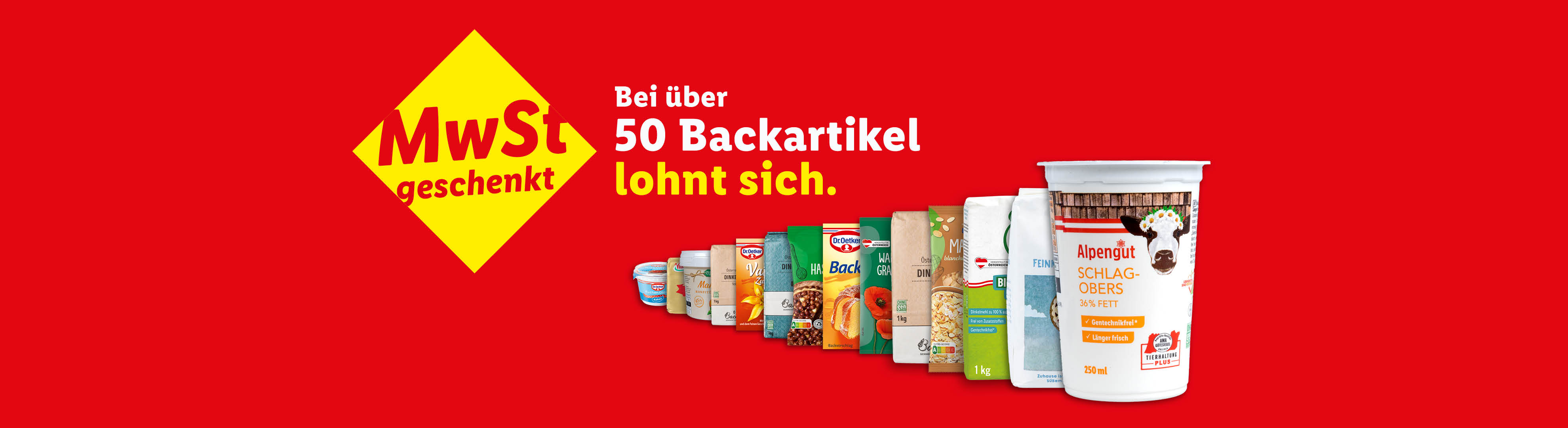Werbung für Backartikel mit dem Slogan 'Bei über 50 Backartikel lohnt sich.'