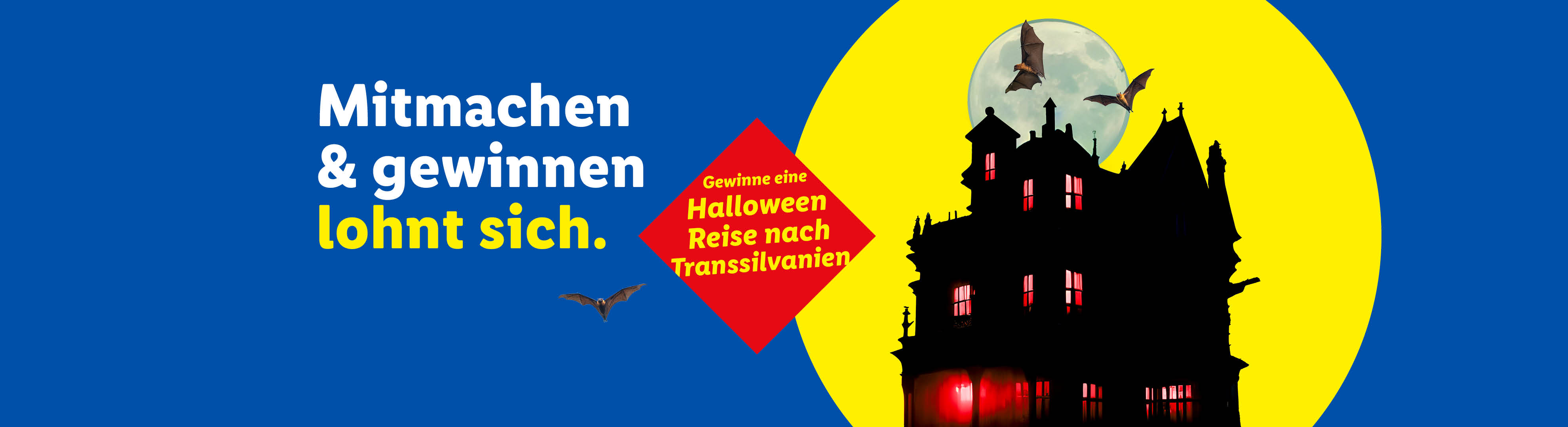 Ein Gewinnspiel für eine Halloween-Reise nach Transsilvanien mit einem Spukhaus und Fledermäusen.