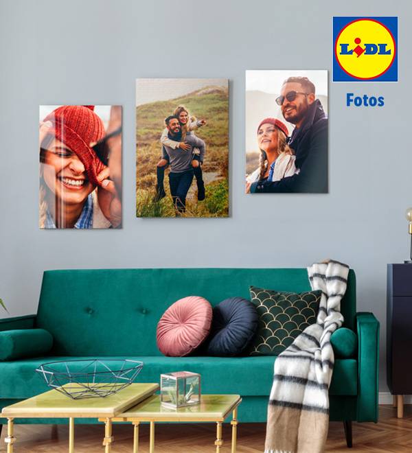 LIDL Fotos: Drei hochwertige Fotoabzüge zeigen glückliche Paare in verschiedenen Posen.