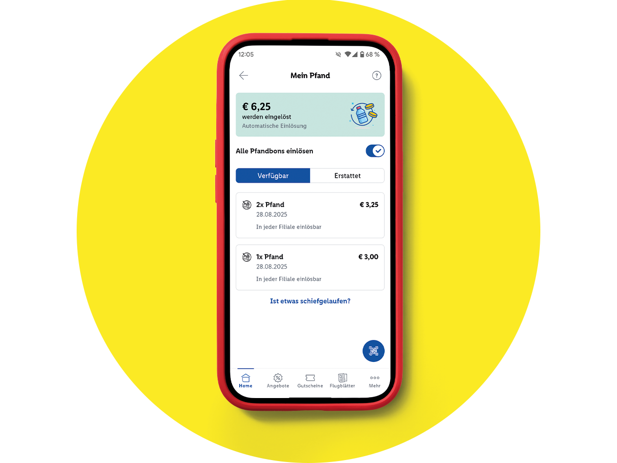 Eine Smartphone-App zeigt eine Übersicht über verfügbare Pfandbons im Wert von 6,25 €.