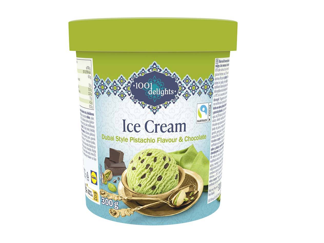 Eiscreme mit Pistaziengeschmack und Schokolade in einer Packung mit 300g.