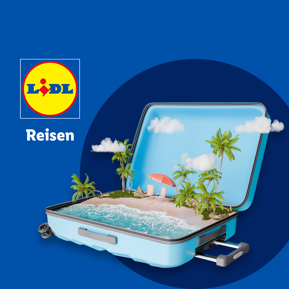 Lidl Reisen Logo und ein Koffer mit Strandmotiv.
