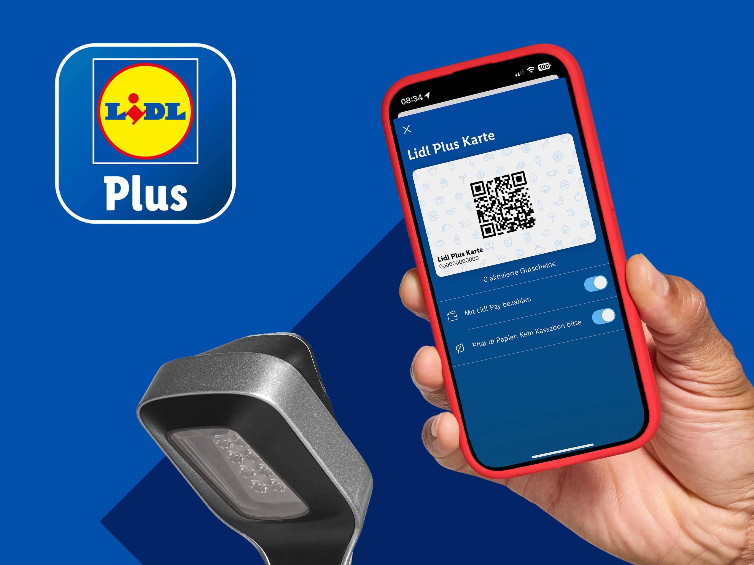 Lidl Plus App auf Smartphone zur kontaktlosen Bezahlung im Laden.