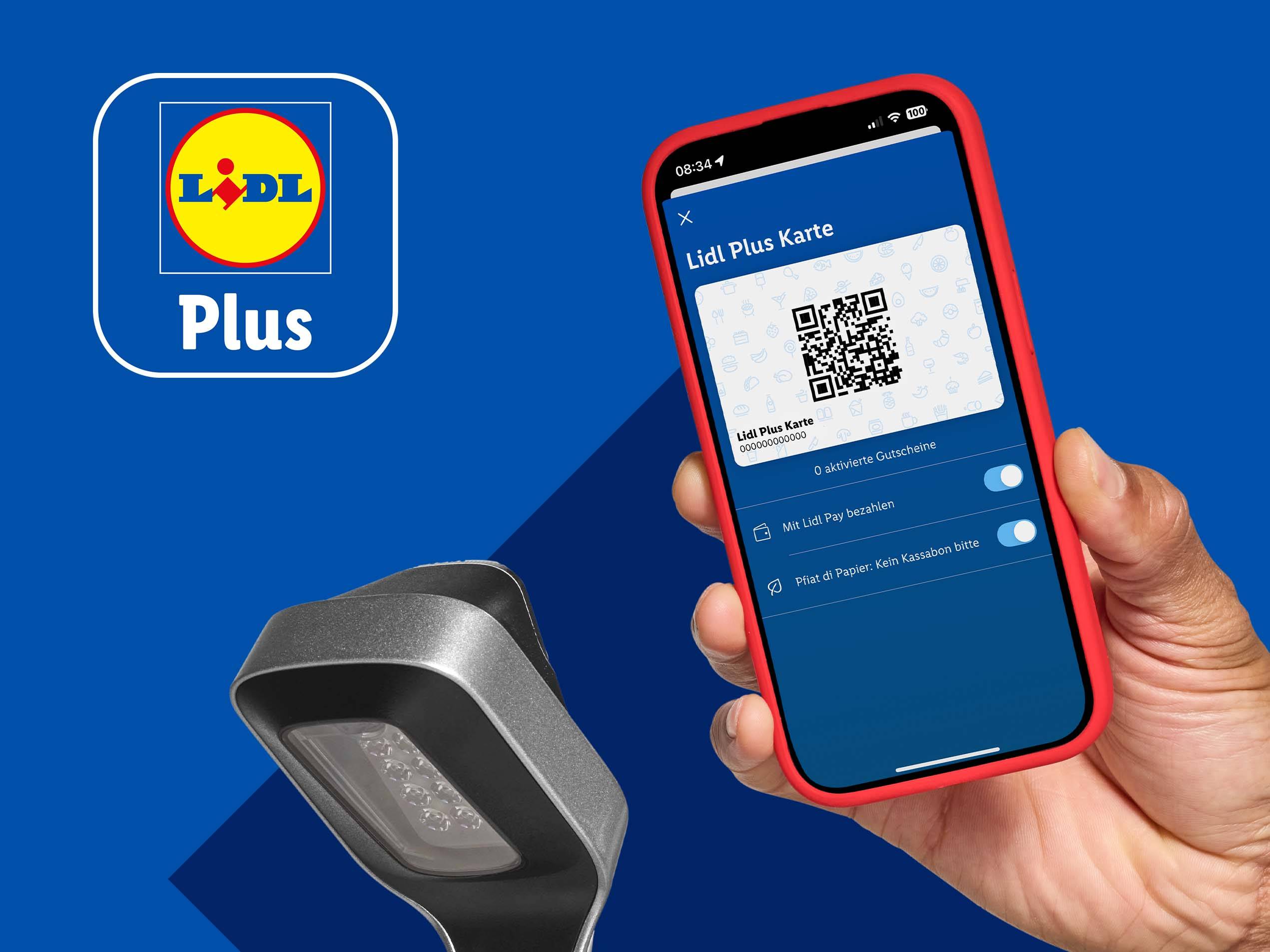 Lidl Plus Karte auf Smartphone, kontaktloses Bezahlen im Supermarkt.