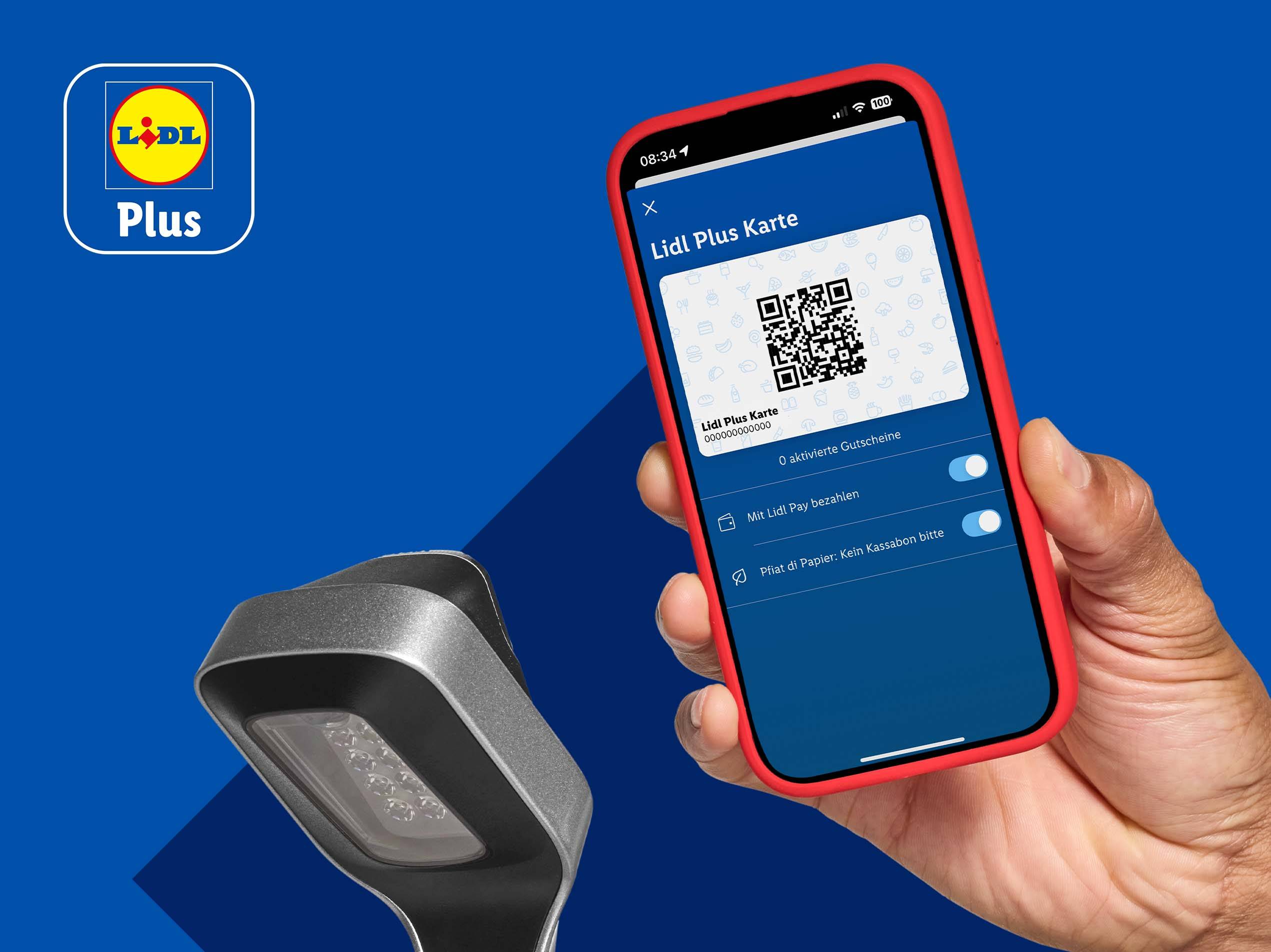Ein Smartphone mit der Lidl Plus App, die einen QR-Code und Optionen für Zahlungen anzeigt.