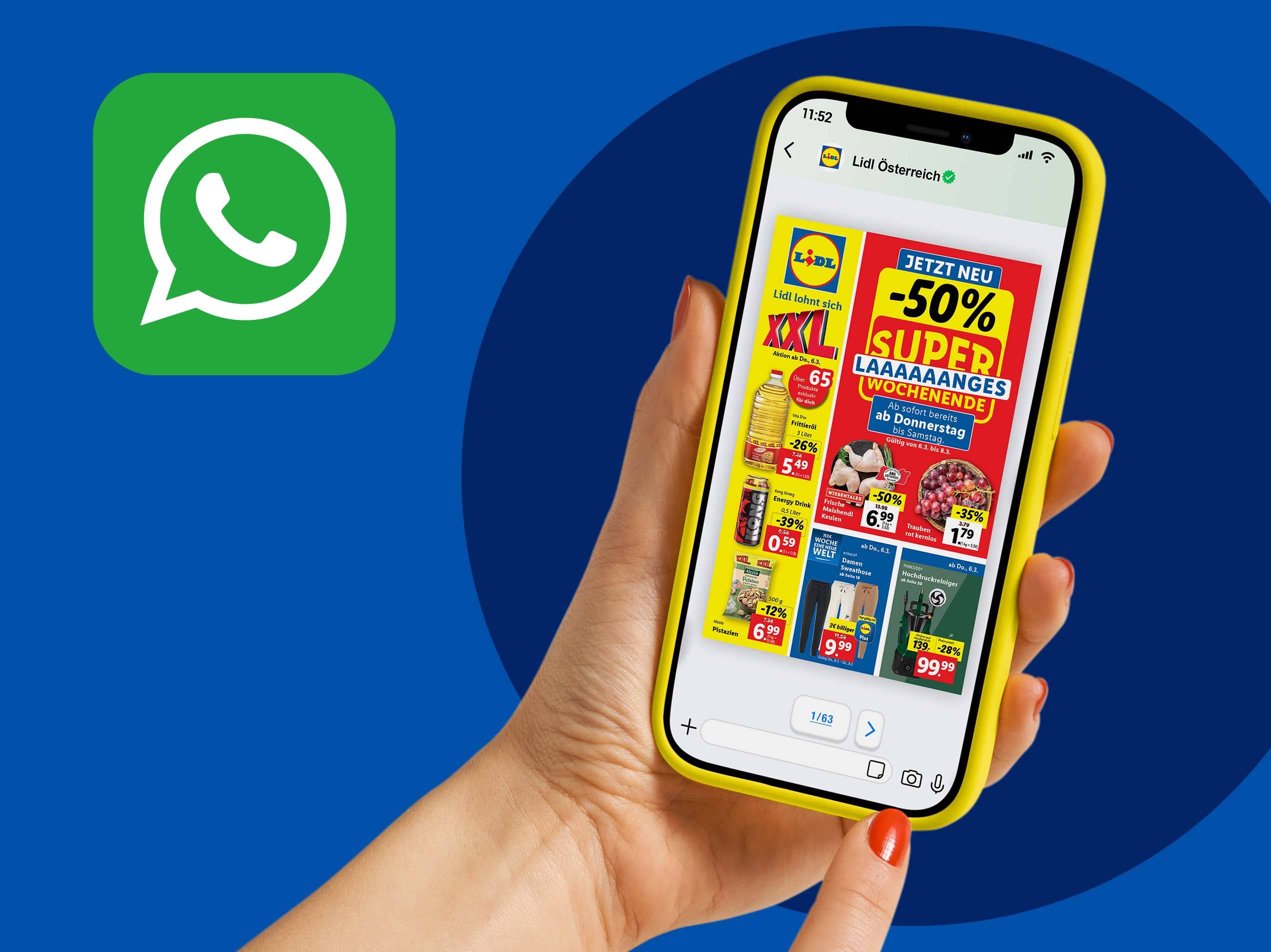 Lidl Österreichs WhatsApp-Angebot zeigt Wochenend-Schnäppchen: -50% auf diverse Produkte, darunter Frittieröl, Energy Drinks und Pistazien.