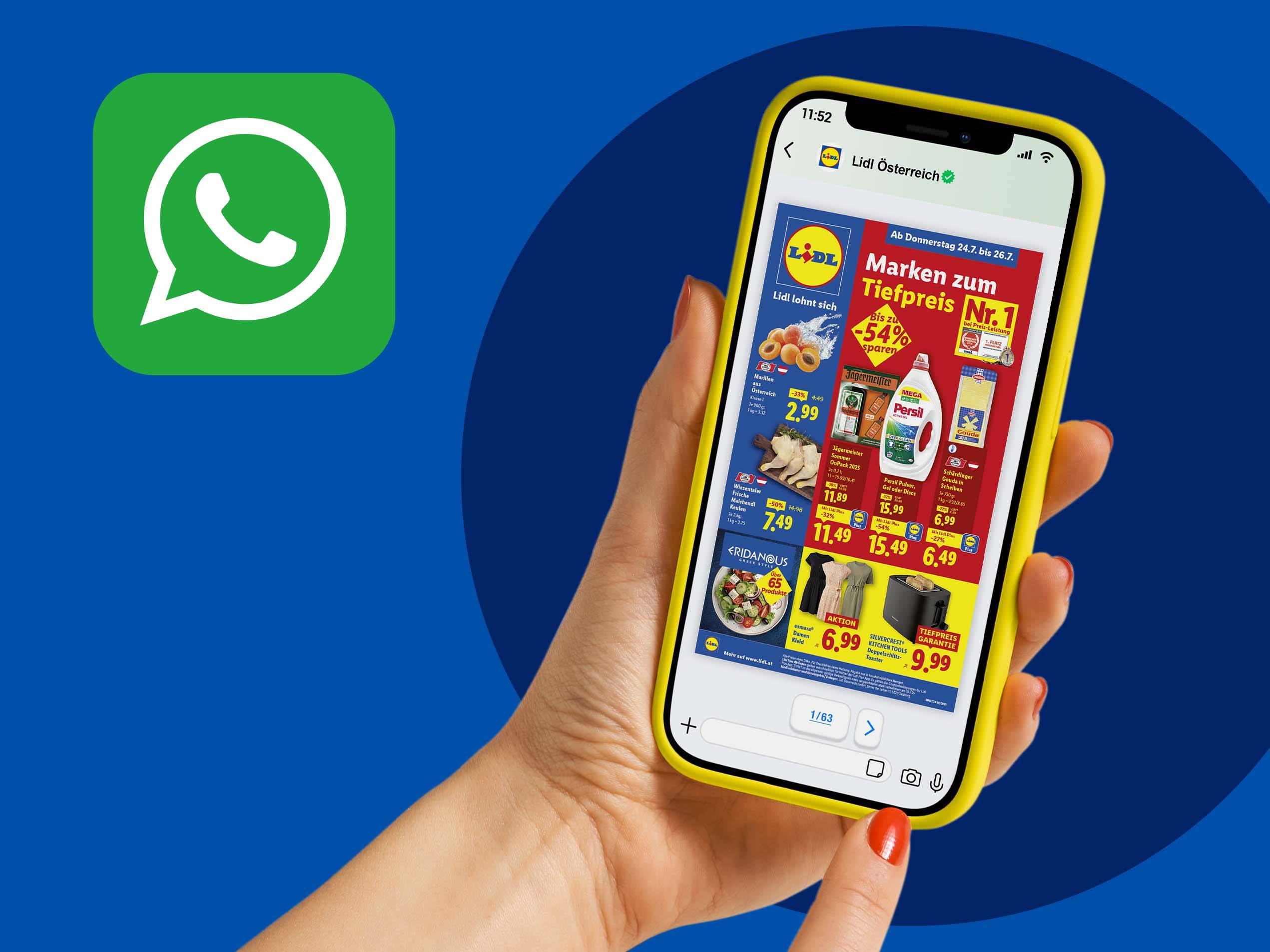 Lidl Österreichs WhatsApp-Angebot zeigt Marken-Tiefpreise mit Persil und Jägermeister.