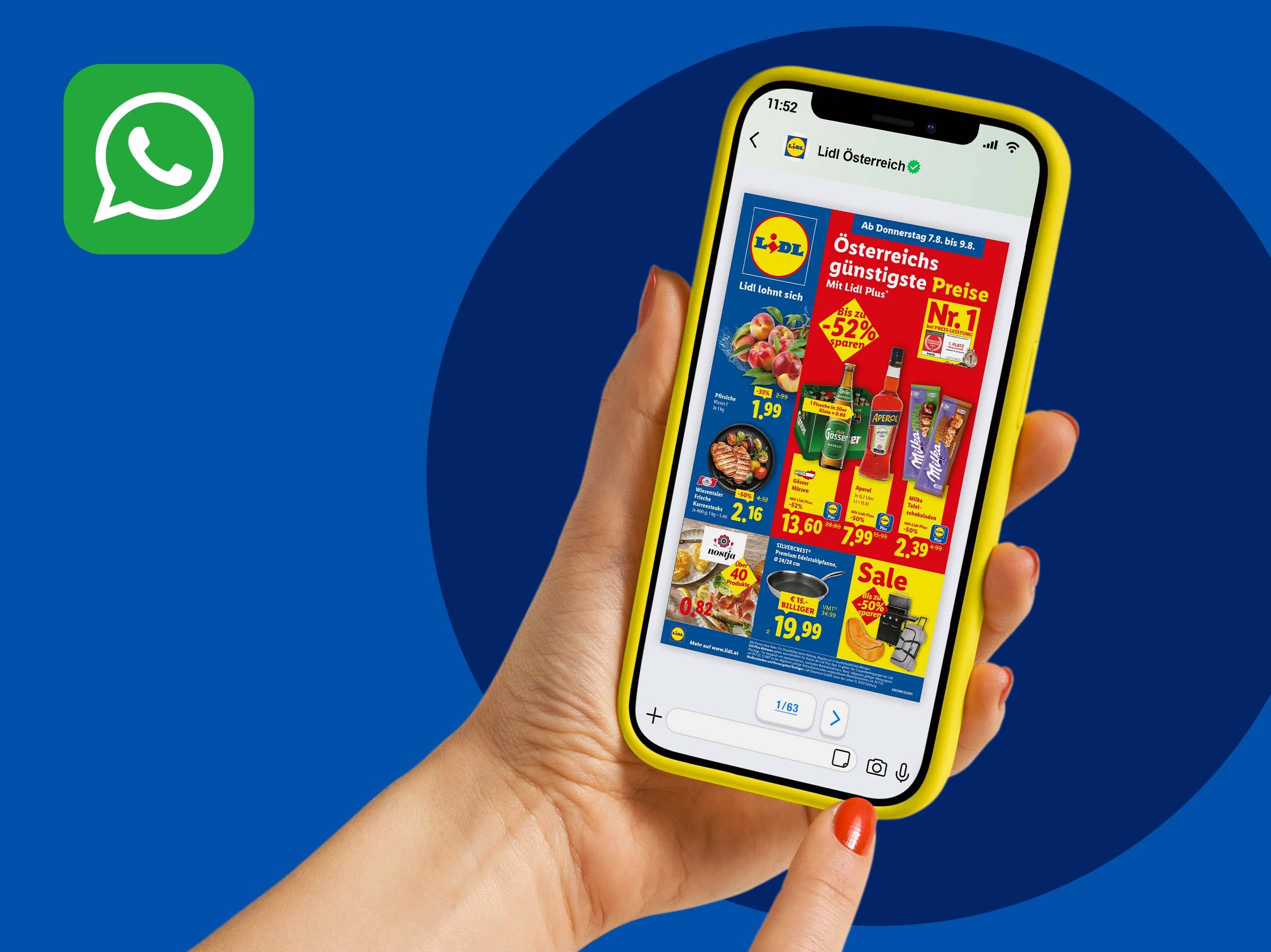 Ein Smartphone zeigt eine Lidl-Werbung mit Lebensmitteln, Getränken und Haushaltswaren.