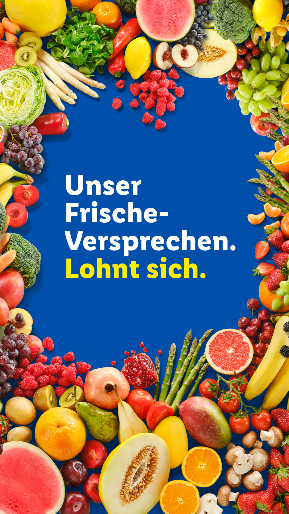 Frisches Obst und Gemüse umrahmen den Text 'Unser Frische-Versprechen. Lohnt sich.'